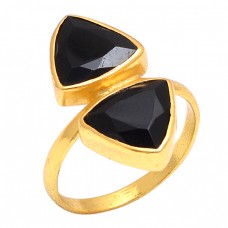 Triangle Shape Black Onyx Gemstone 925 Sterling Silver Jewelry Gold Plated Ring