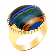 Round Shape Rainbow Calsilica Gemstone 925 Sterling Silver Gold Plated Ring