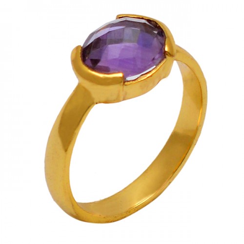 Briolette Oval Amethyst Gemstone 925 Sterling Silver Gold Plated Jewelry Ring