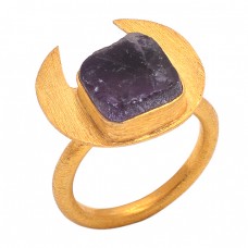 Amethyst Rough Gemstone 925 Sterling Silver Jewelry Gold Plated Bezel Set Ring