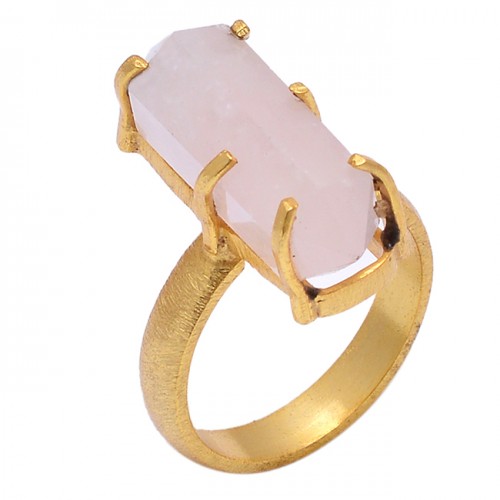 Rectangle Shape Rose Chalcedony Gemstone 925 Silver Gold Plated Ring Jewelry