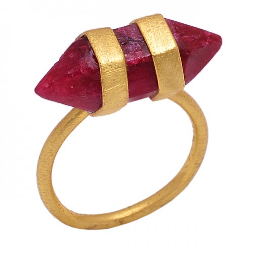 Pencil Shape Ruby Gemstone 925 Sterling Silver Jewelry Gold Plated Handmade Ring