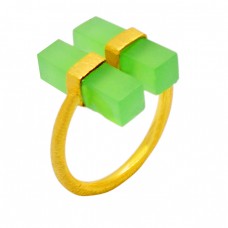 925 Sterling Silver Rectangle Box Shape Chalcedony Gemstone Gold Plated Ring