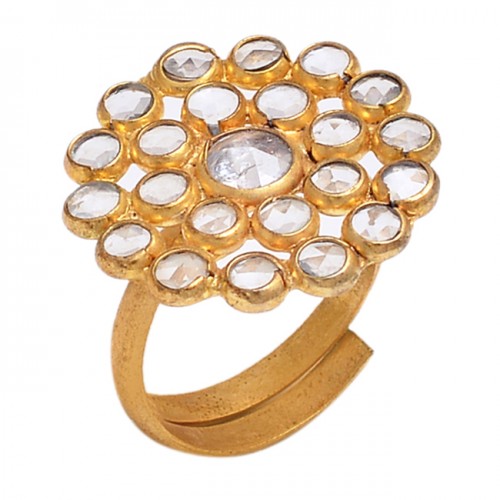 Handcrafted Designer Crystal Quartz Gemstone 925 Silver Gold Plated Ring Jewelry
