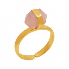 925 Sterling Silver Pencil Shape Rose Quartz Gemstone Gold Plated Adjustable Ring