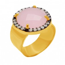 Pave CZ Rose Quartz Round Shape Gemstone Handcrafted 925 Sterling Silver Gold Plated Jewelry Ring