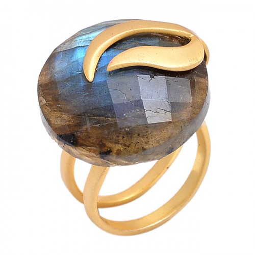 Round Shape Labradorite Gemstone 925 Sterling Silver Gold Plated Jewelry Ring