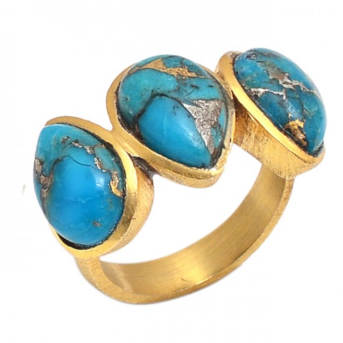Pear Shape Blue Copper Turquoise Gemstone 925 Sterling Silver Gold Plated Ring