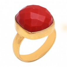 Round Shape Red Onyx Gemstone 925 Sterling Silver Gold Plated Ring Jewelry
