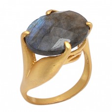 Oval Shape Labradorite Gemstone 925 Sterling Silver Gold Plated Ring Jewelry