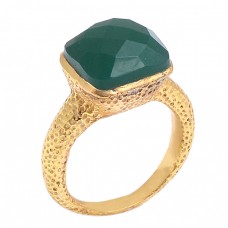 Cushion Shape Green Onyx Gemstone 925 Sterling Silver Gold Plated Ring Jewelry