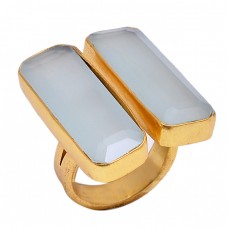 Rectangle Shape Aqua Chalcedony Gemstone 925 Silver Gold Plated Ring Jewelry
