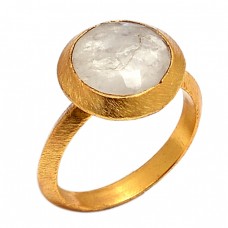 Round Shape Rainbow Moonstone 925 Sterling Silver Gold Plated Ring Jewelry