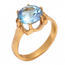 Round Shape Blue Topaz Gemstone 925 Sterling Silver Gold Plated Designer Ring