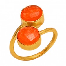 Faceted Round Carnelian Gemstone 925 Sterling Silver Gold Plated Jewelry Ring