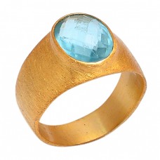 Oval Shape Blue Topaz Gemstone 925 Sterling Silver Gold Plated Jewelry Ring