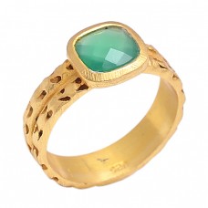 Cushion Shape Green Onyx Gemstone 925 Sterling Silver Gold Plated Jewelry Ring