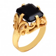 Rectangle Shape Black Onyx Gemstone 925 Sterling Silver Jewelry Gold Plated Ring