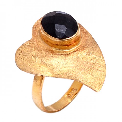 Oval Shape Black Onyx Gemstone 925 Sterling Silver Gold Plated Ring Jewelry