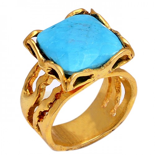 Square Shape Turquoise Gemstone 925 Sterling Silver Gold Plated Ring Jewelry