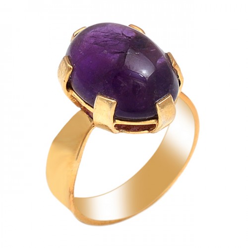 Oval Shape Amethyst Gemstone 925 Sterling Silver Gold Plated Ring Jewelry