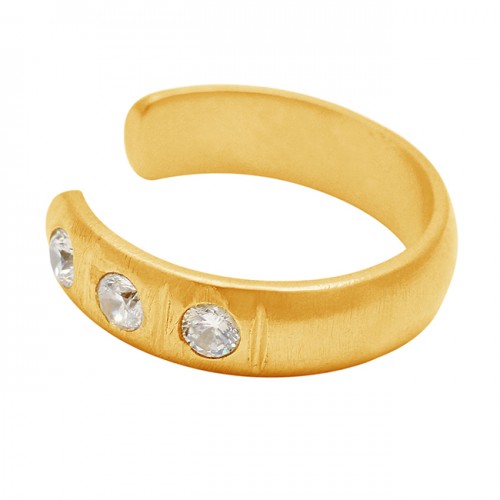 925 Sterling Silver Round Shape Cubic Zirconia Gemstone Gold Plated Adjustable Ring