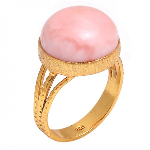 Round Shape Pink Opal Gemstone 925 Sterling Silver Jewelry Gold Plated Ring
