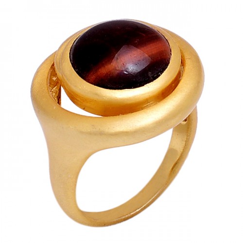 Round Shape Tiger Eye Gemstone 925 Sterling Silver Jewelry Gold Plated Ring
