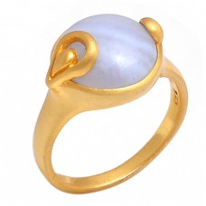 Blue Less Agate Round Shape Gemstone 925 Silver Jewelry Gold Plated Ring