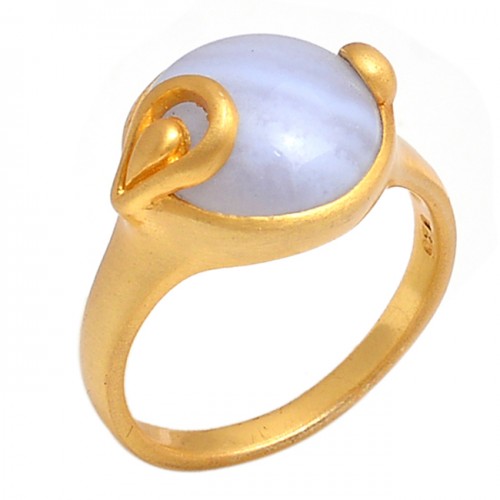 Blue Less Agate Round Shape Gemstone 925 Silver Jewelry Gold Plated Ring