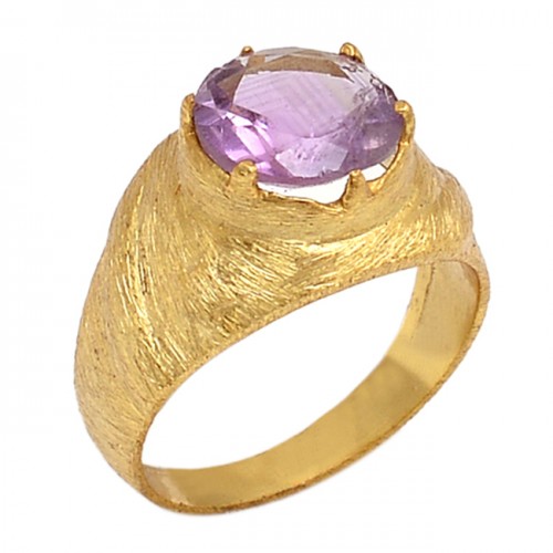 Round Shape Amethyst Gemstone 925 Sterling Silver Jewelry Gold Plated Ring