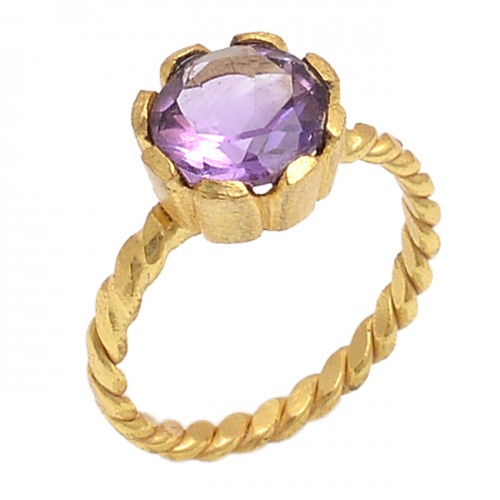 Round Shape Amethyst Gemstone 925 Sterling Silver Jewelry Gold Plated Ring