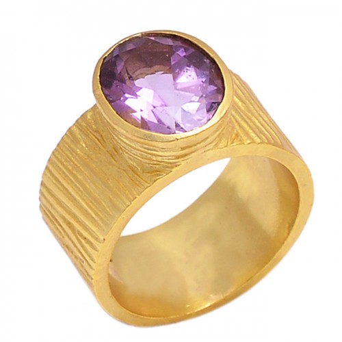 Oval Shape Amethyst Gemstone 925 Sterling Silver Jewelry Gold Plated Ring