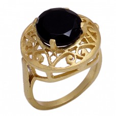 Round Shape Black Onyx Gemstone 925 Sterling Silver Jewelry Gold Plated Ring