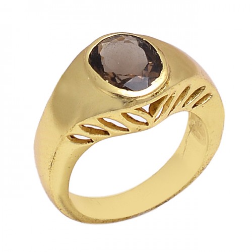 Oval Shape Smoky Quartz Gemstone 925 Sterling Silver Jewelry Gold Plated Ring