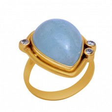 Aqua Chalcedony Gemstone 925 Sterling Silver Jewelry Gold Plated Ring