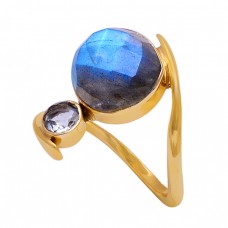 Labradorite Crystal Quartz Gemstone 925 Sterling Silver Gold Plated Ring