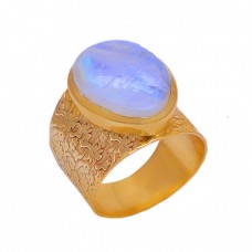 Oval Rainbow Moonstone Gold Plated 925 Sterling Silver Designer Ring