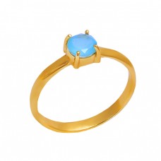 Round Aqua Chalcedony Gemstone 925 Sterling Silver Gold Plated Ring