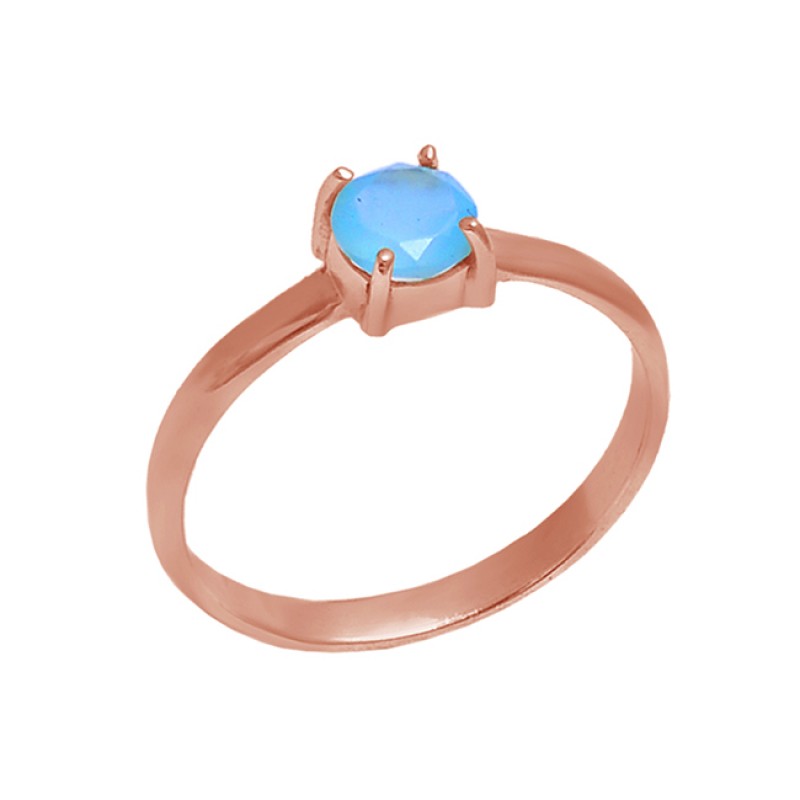 Round Aqua Chalcedony Gemstone 925 Sterling Silver Gold Plated Ring