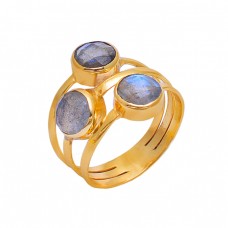 Round Shape Labradorite Gemstone 925 Sterling Silver Gold Plated Ring