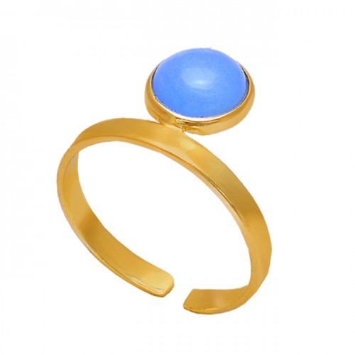 Round Blue Chalcedony Gemstone 925 Sterling Silver Gold Plated Jewelry Ring