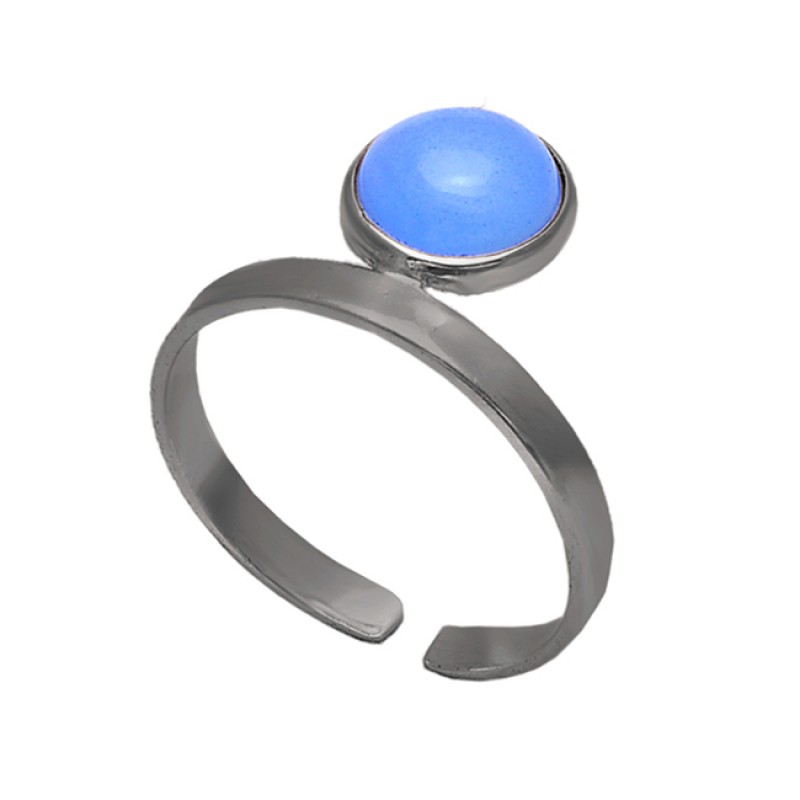 Round Blue Chalcedony Gemstone 925 Sterling Silver Gold Plated Jewelry Ring