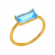 Rectangle Shape Blue Topaz Gemstone 925 Silver Jewelry Prong Set Ring