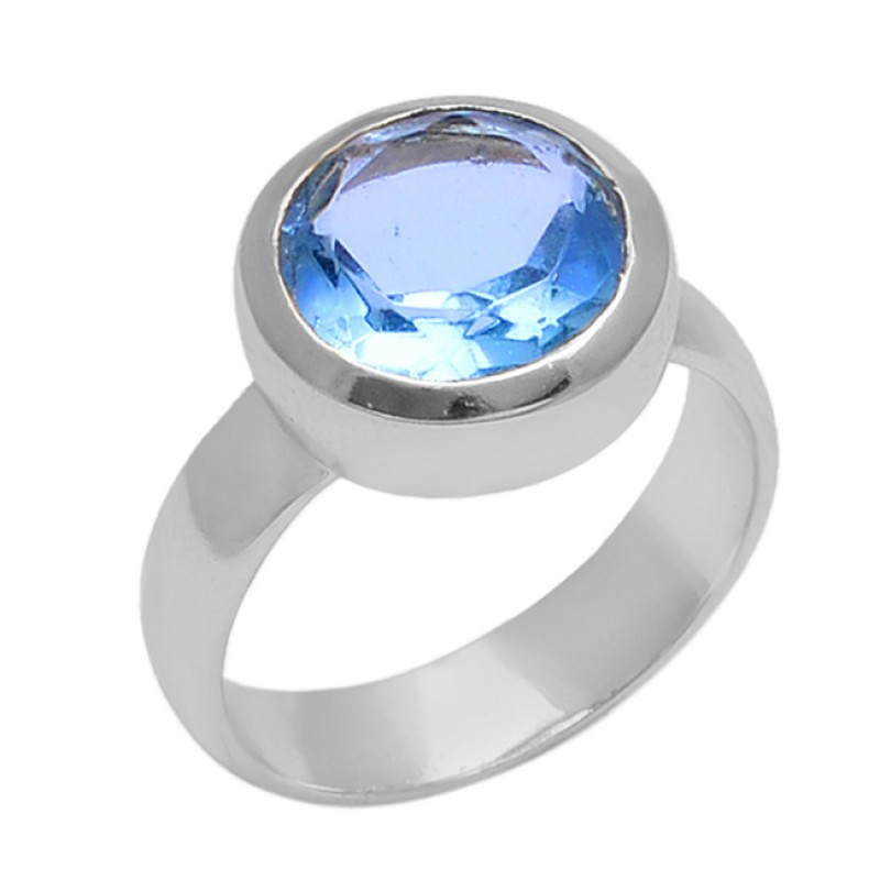 Faceted Round Blue Topaz Gemstone 925 Sterling Silver Jewelry Ring