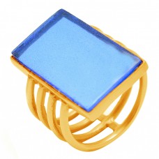 Rectangle Shape Blue Quartz Gemstone 925 Sterling Silver Gold Plated Ring Jewelry