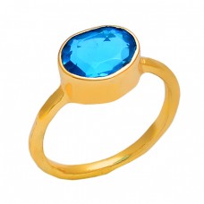 Round Shape Blue Quartz Gemstone 925 Sterling Silver Jewelry Gold Plated Ring