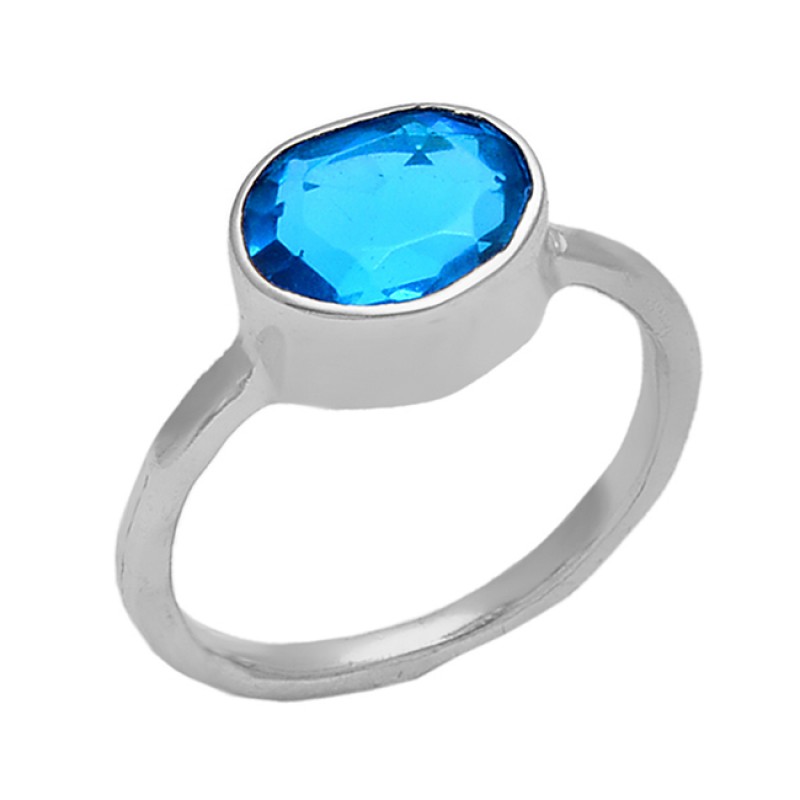 Round Shape Blue Quartz Gemstone 925 Sterling Silver Jewelry Gold Plated Ring
