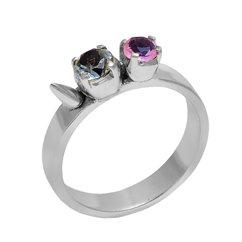 Round Shape Pink Blue Quartz Gemstone 925 Silver Jewelry Wholesale Ring