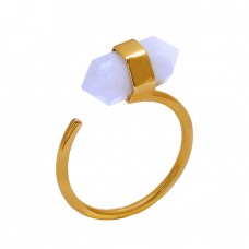 Pencil Shape Rainbow Moonstone 925 Sterling Silver Jewelry Gold Plated Ring